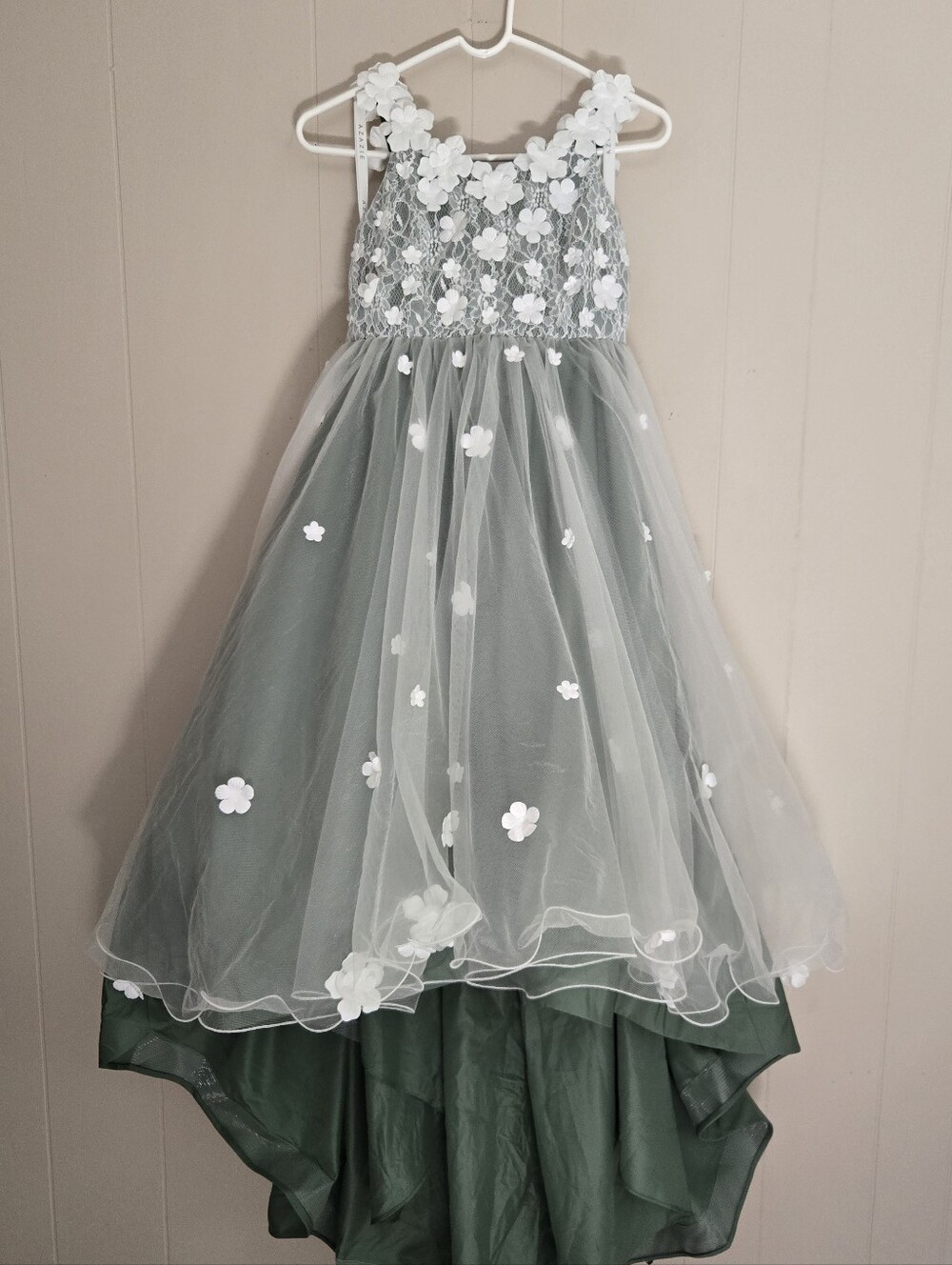 Azazie Celia Flowergirl Dress Eucalyptus Green White Lace 3D Flowers Train 14 - Picture 4 of 16